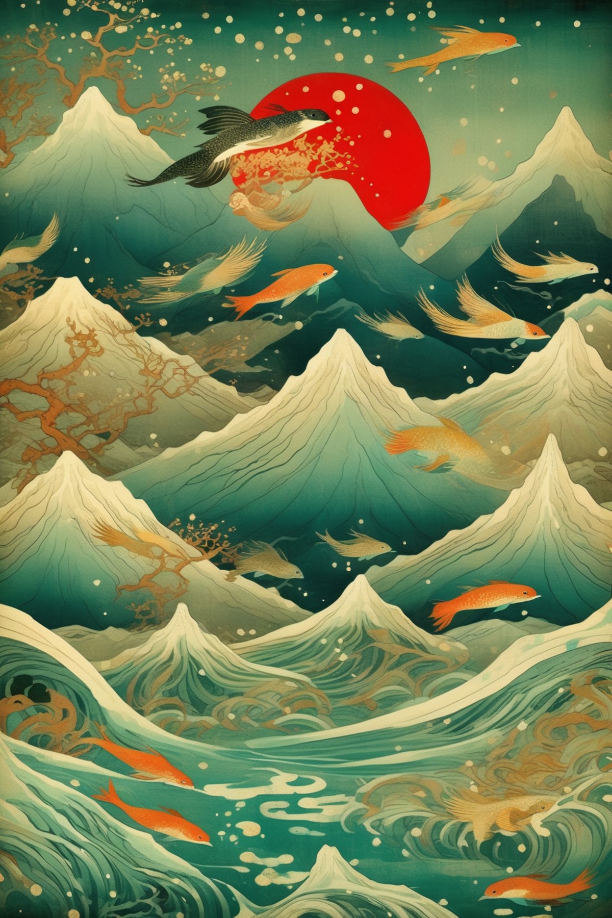 <lora:Victo Ngai Style:1>Victo Ngai Style - mountains and rivers,by Victto Ngai, Tibetan Painting, Wildlife Photography st...